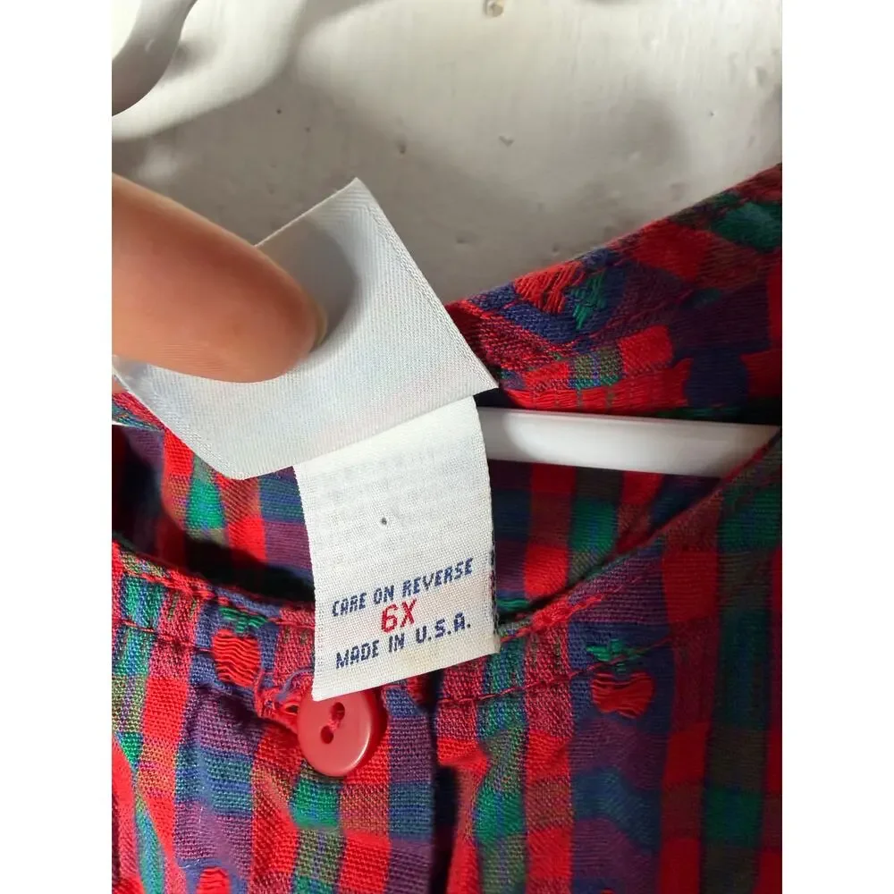 Oshkosh Vintage Girls 6X Apple Dress Jumper Plaid Red Made in USA